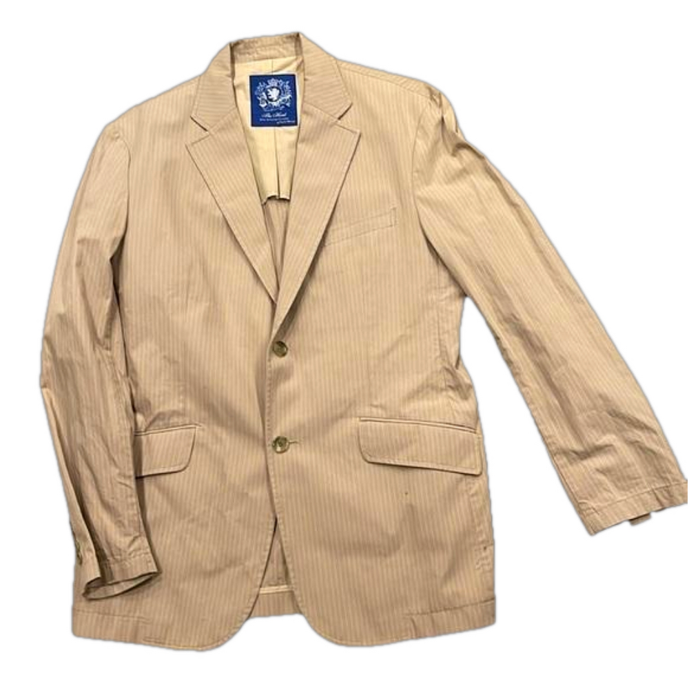 The Hunt Sz L cotton khaki with white subtle pinstripes  unlined blazer